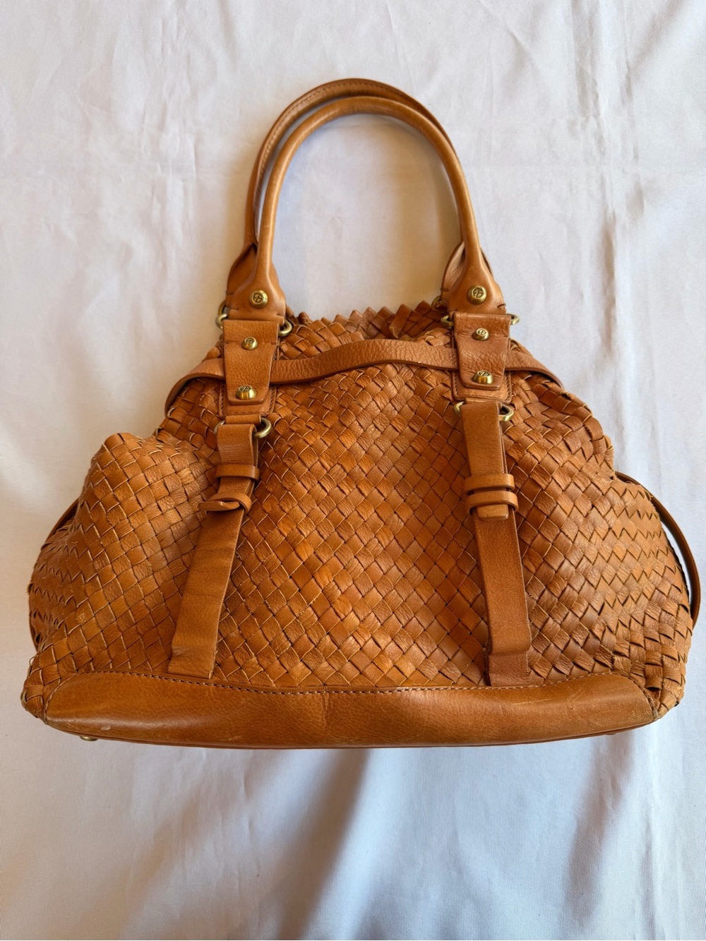 Vintage Francesco Biasia Intrecciato Woven Leather Shoulder Bag in Tan Carmel